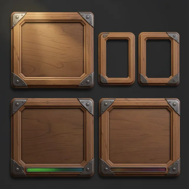 Set of carved wooden fantasy game UI panels with iron brackets and empty recessed centres
