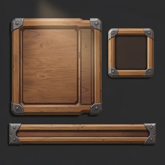 Set of carved wooden fantasy game UI panels with iron brackets and empty recessed centres