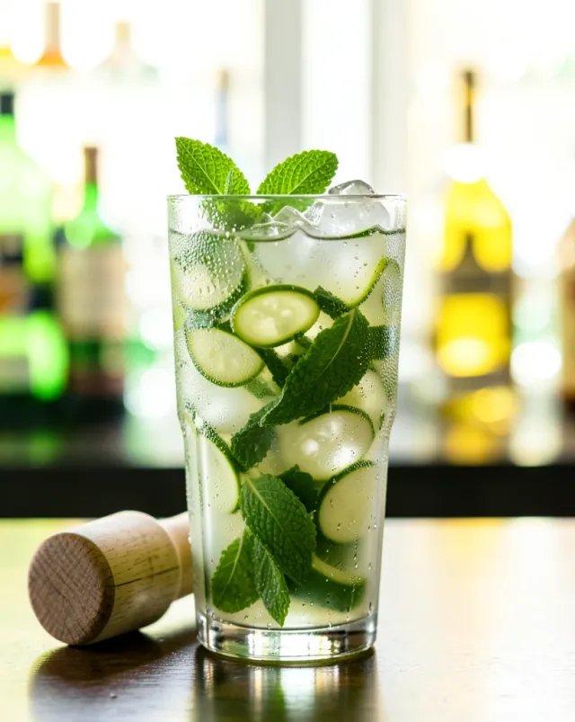A sparkling mocktail with muddled mint and cucumber in a highball glass, backlit