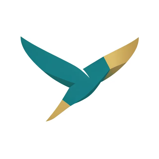 Modern abstract soaring bird logo in teal and gold geometric shapes on white background