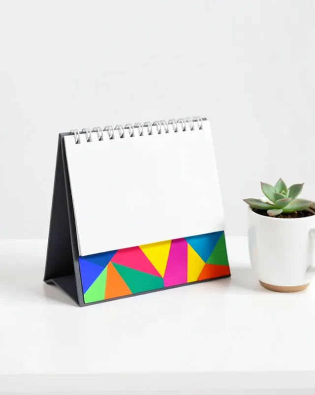 Modern tent-style desk calendar mockup with abstract geometric base on a white desk beside coffee and succulent