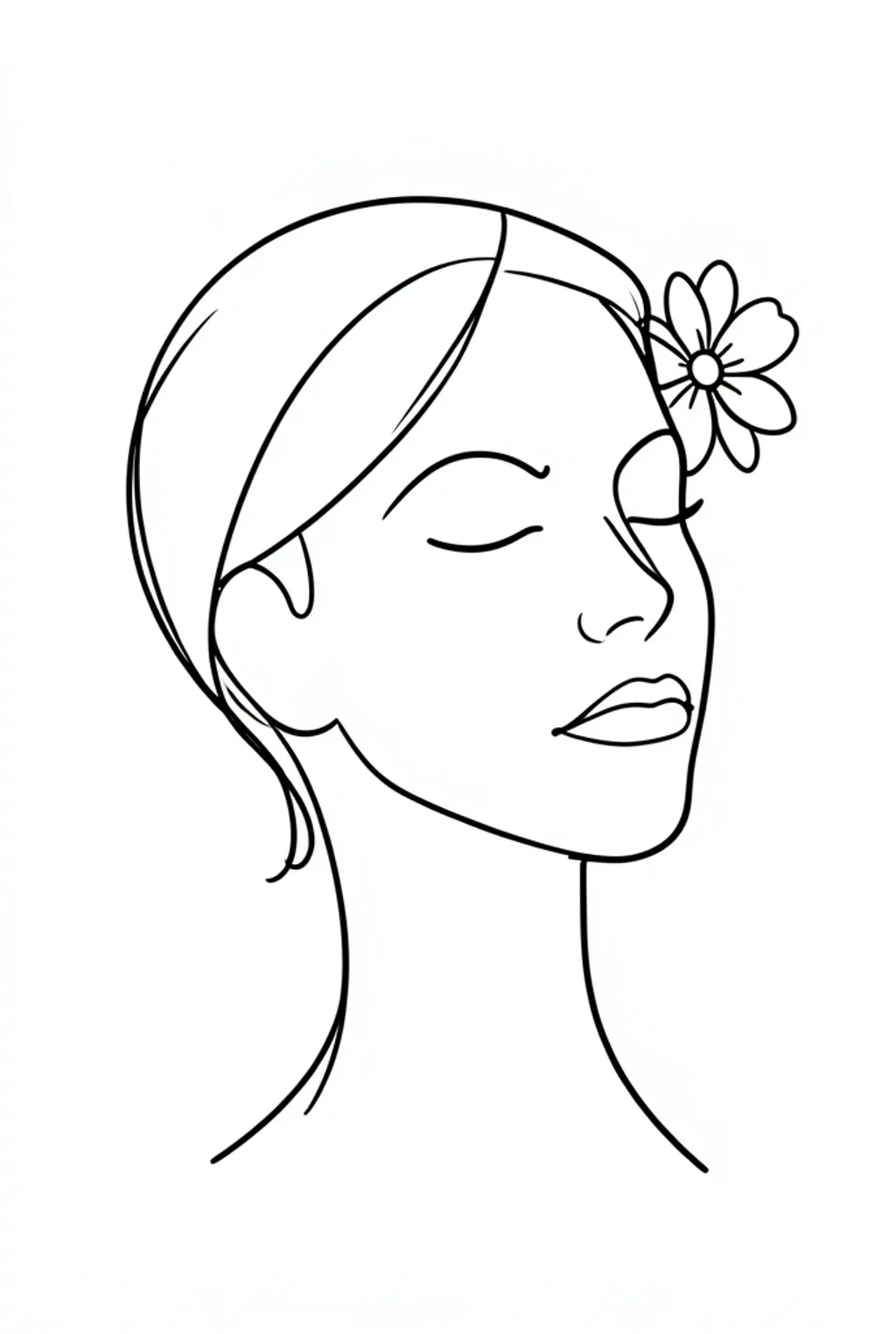Modern abstract female profile in a single continuous black line with a small flower, on white