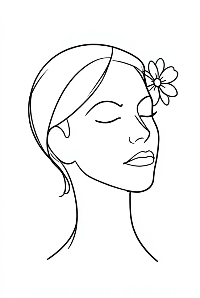 Modern abstract female profile in a single continuous black line with a small flower, on white