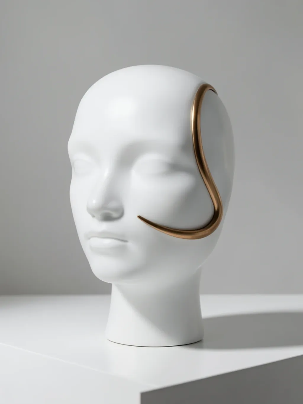 Modern abstract face sculpture in white ceramic with a curved bronze accent