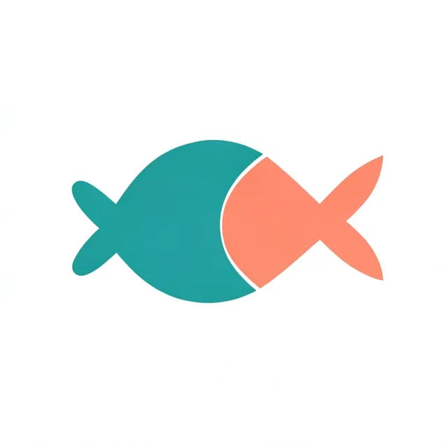 Modern geometric abstract fish logo in teal and coral on white background