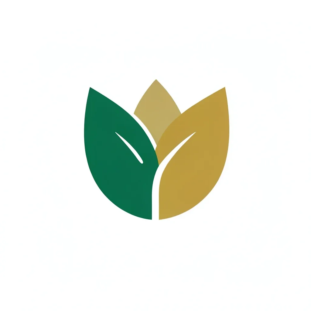 Modern abstract two overlapping leaves logo in emerald green and gold on white background
