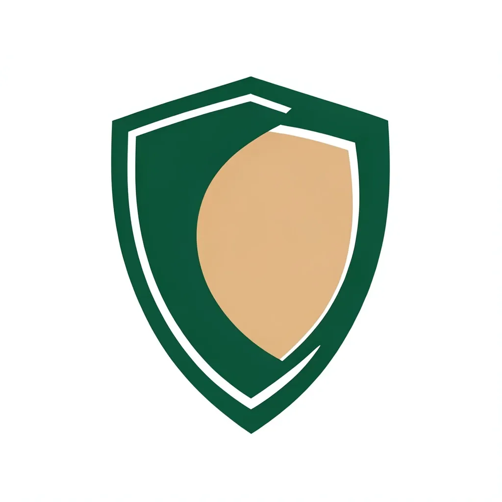 Modern abstract shield logo in deep green and warm sand with clean flat vector shape on white