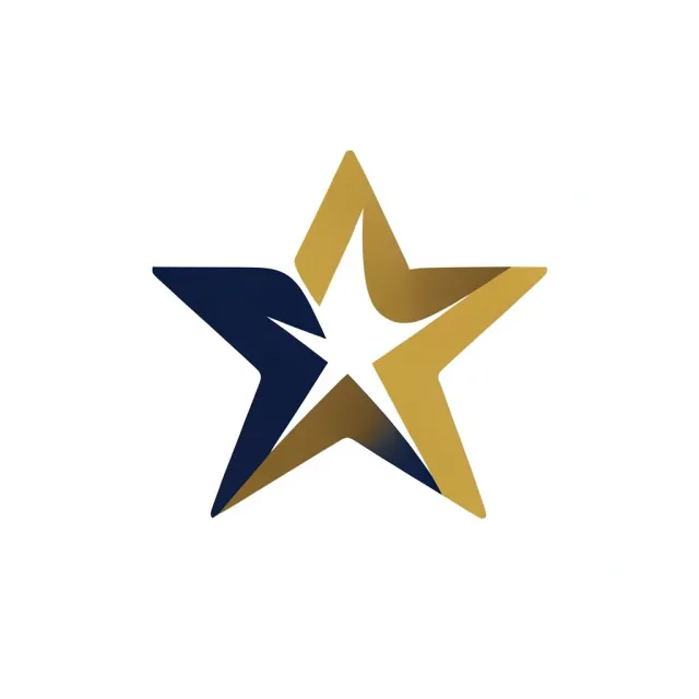 Modern abstract four-pointed star logo formed by intersecting arcs in navy and gold on white