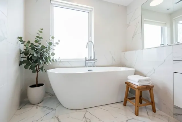 Bright modern bathroom with white freestanding tub under large window, wooden stool, rolled towel, and eucalyptus