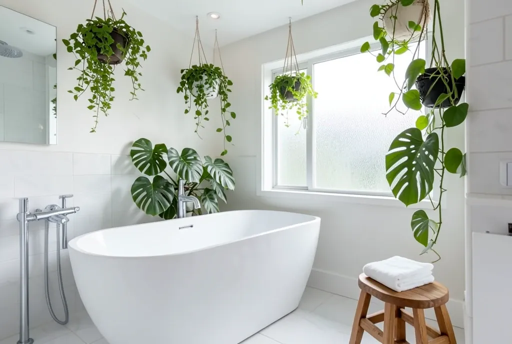 Bright modern bathroom with freestanding tub, monstera and hanging plants, frosted window, and wooden stool