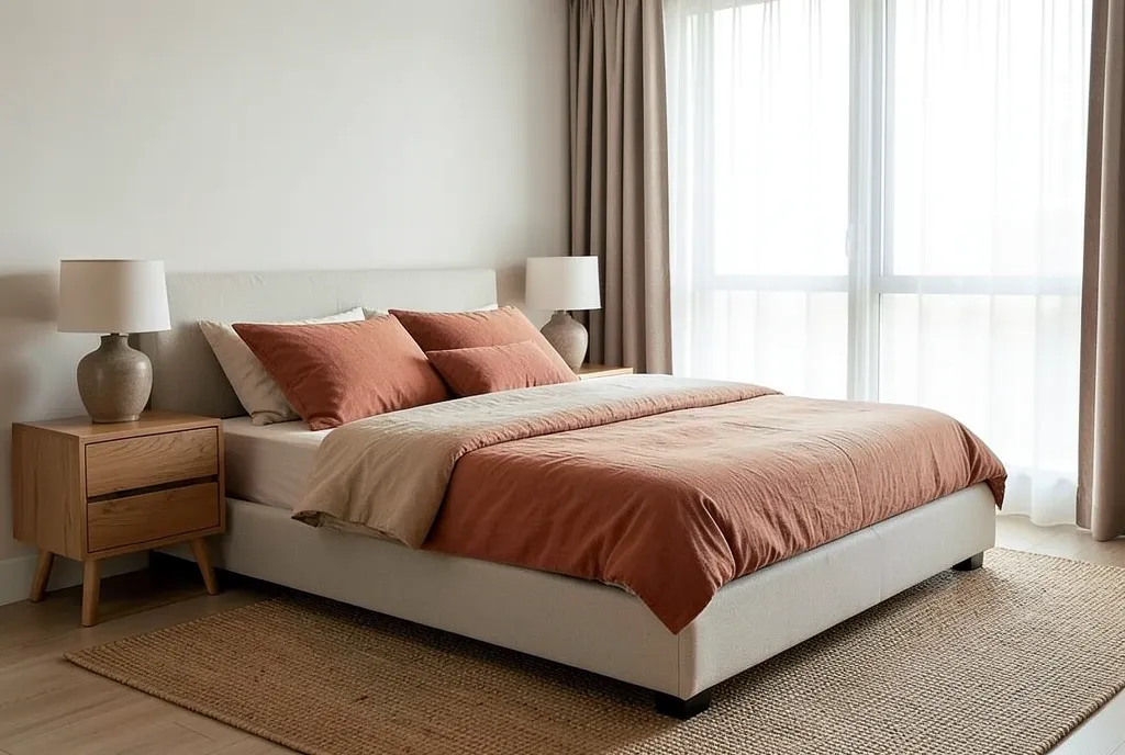 Modern bedroom with earth-tone linen bedding, oak nightstand, ceramic lamp, woven rug, and sheer curtains