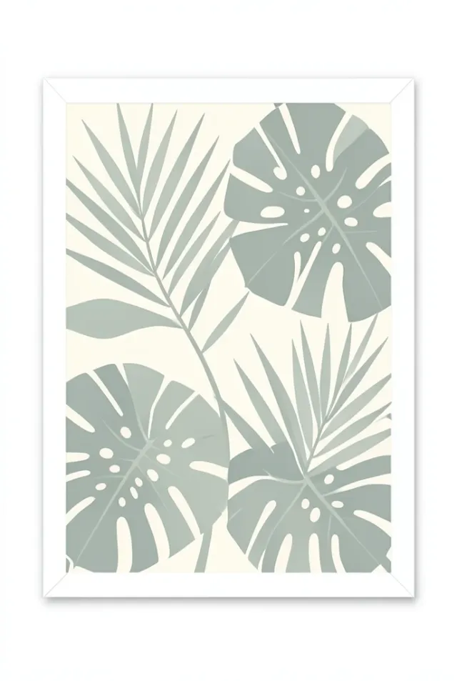 Modern botanical wall art with stylized monstera and palm leaves in sage and cream on white background