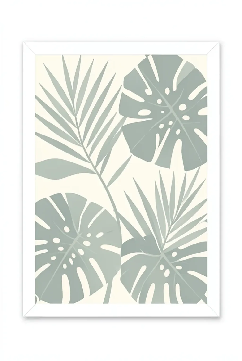 Modern botanical wall art with stylized monstera and palm leaves in sage and cream on white background
