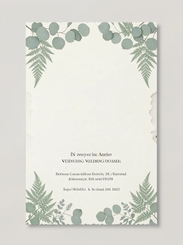 Modern botanical wedding invitation card with delicate green leaves and soft typography