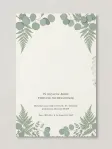 Modern botanical wedding invitation card with delicate green leaves and soft typography