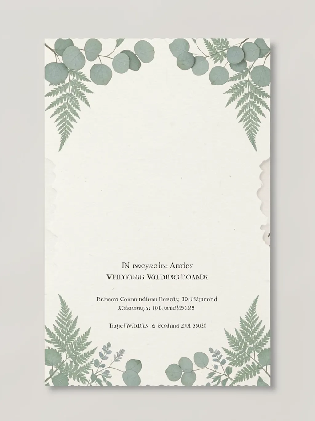 Modern botanical wedding invitation card with delicate green leaves and soft typography