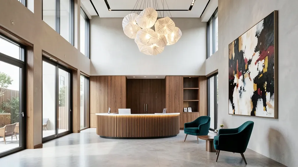 Modern boutique hotel lobby with curved wood reception desk, velvet chairs, and sculptural light
