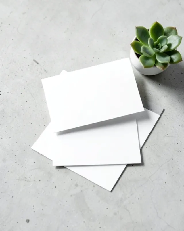 Two blank white business cards angled on a light concrete surface with a small succulent