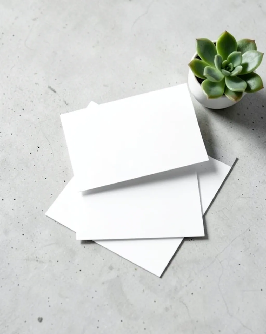 Two blank white business cards angled on a light concrete surface with a small succulent