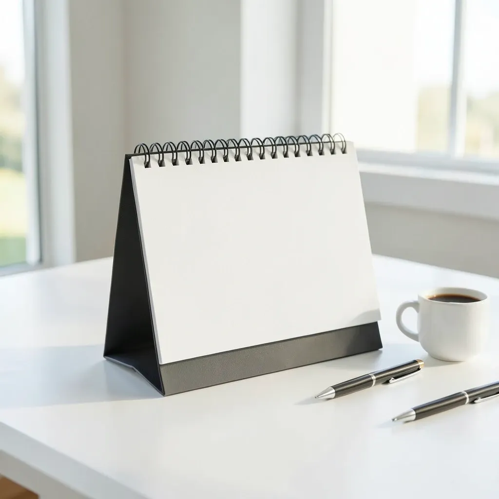 Minimalist tent desk calendar on clean white desk with coffee cup and pen in soft morning light