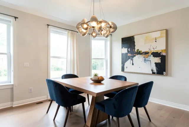 Modern dining room with wooden table, velvet chairs, sculptural chandelier, and large abstract painting