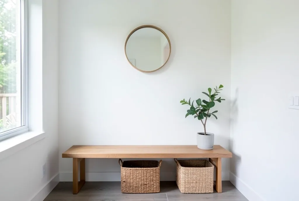 Modern entryway with wooden bench, woven basket, round mirror, plant, and soft natural light