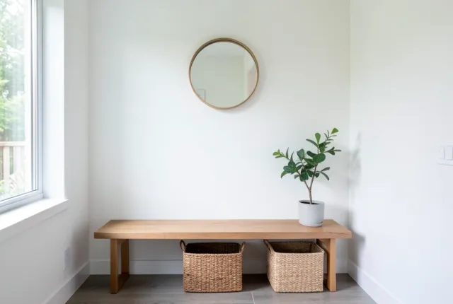 Modern entryway with wooden bench, woven basket, round mirror, plant, and soft natural light