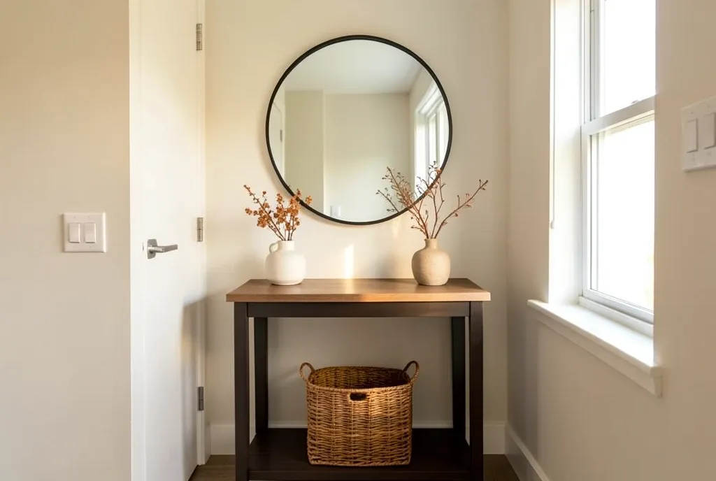 Modern entryway with console table, round mirror, ceramic vase with dried branches, basket, and natural light