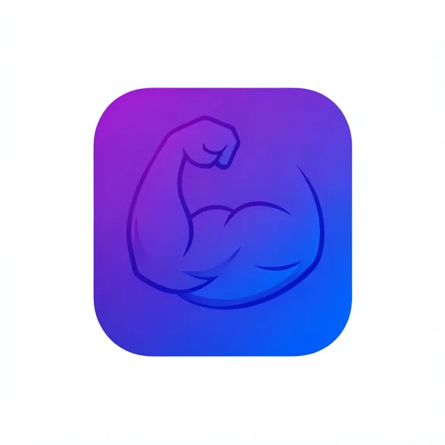 Modern fitness app icon with stylized bicep in purple-to-blue rounded square on white