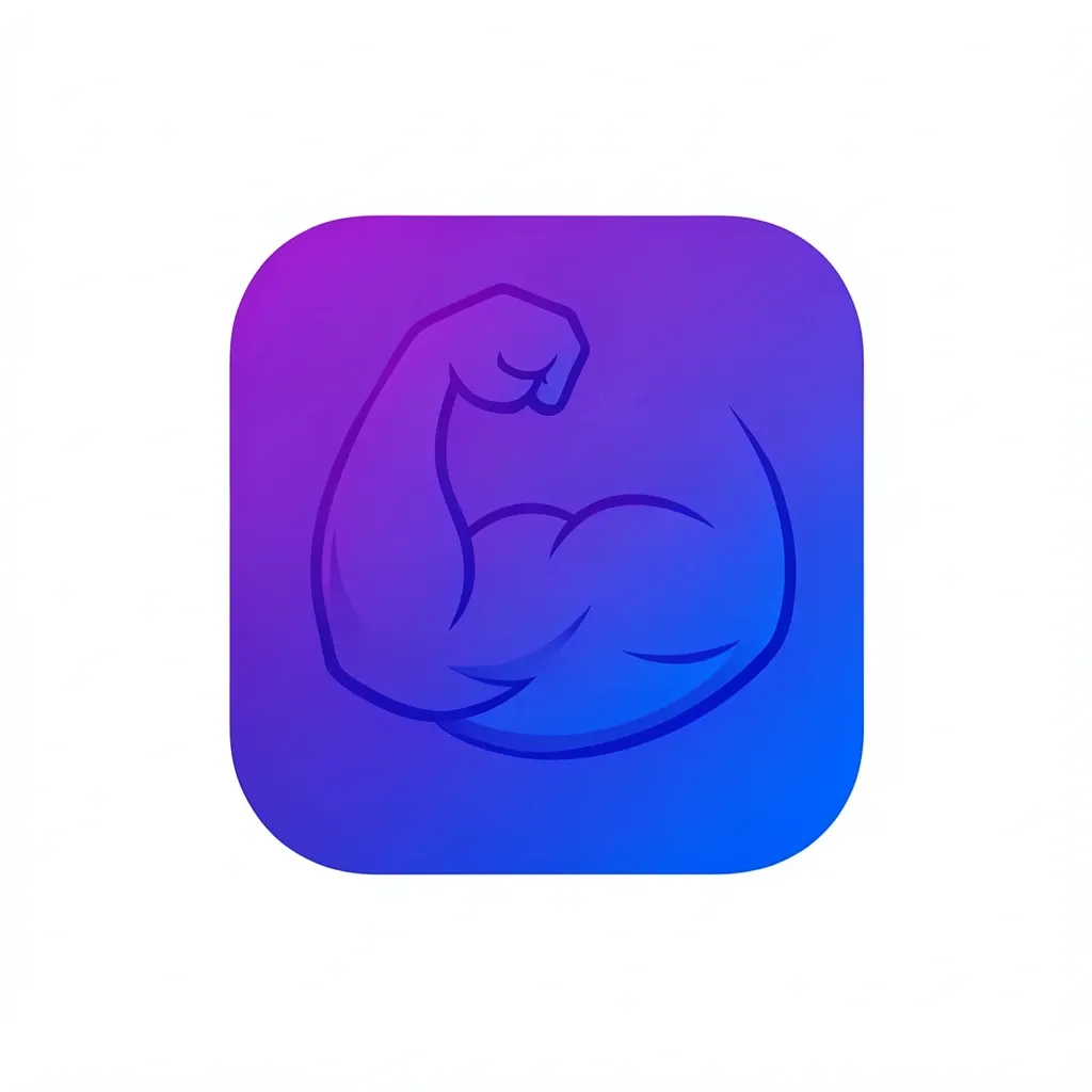 Modern fitness app icon with stylized bicep in purple-to-blue rounded square on white