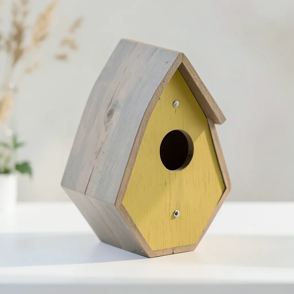 Modern angular wooden birdhouse in mustard and grey with circular entrance in soft daylight