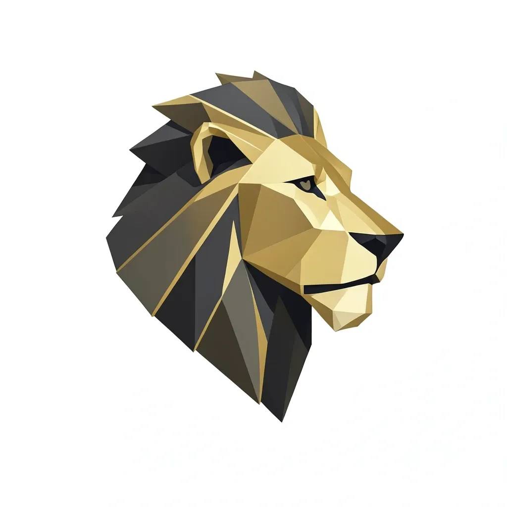 Modern low-poly geometric lion head logo in gold and charcoal on a white background