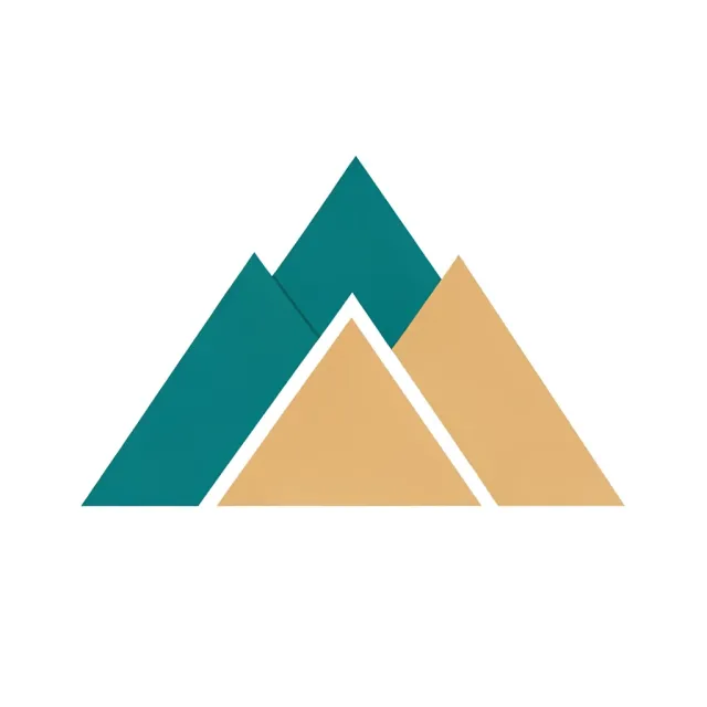 Modern geometric mountain logo with three overlapping triangle peaks in teal and sand on white