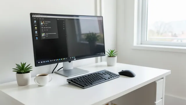 Modern white home office desk with ultrawide monitor, wireless peripherals, plant, and coffee cup in natural light