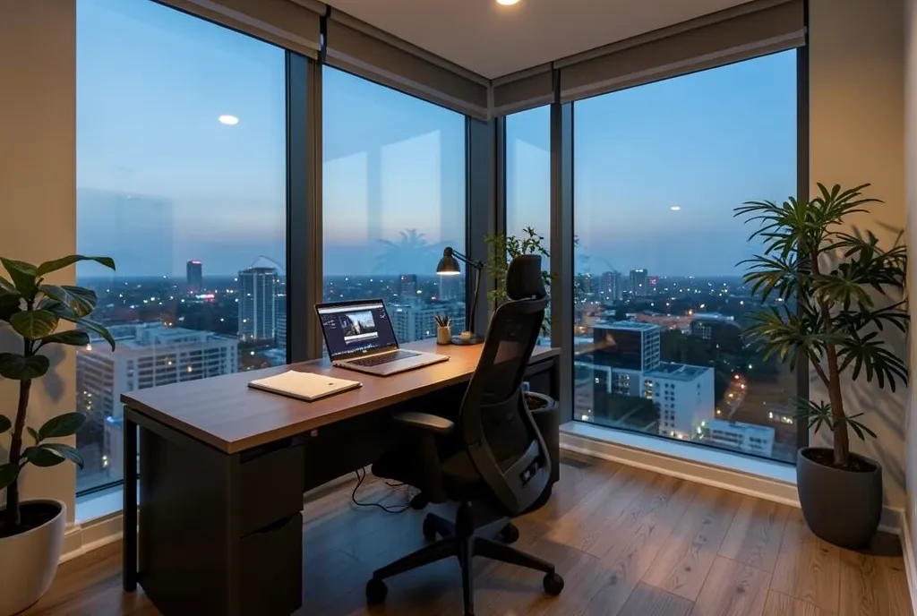 Modern home office with sleek desk, laptop, and floor-to-ceiling window showing city skyline at dusk