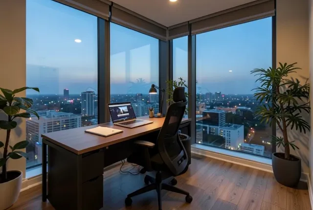 Modern home office with sleek desk, laptop, and floor-to-ceiling window showing city skyline at dusk