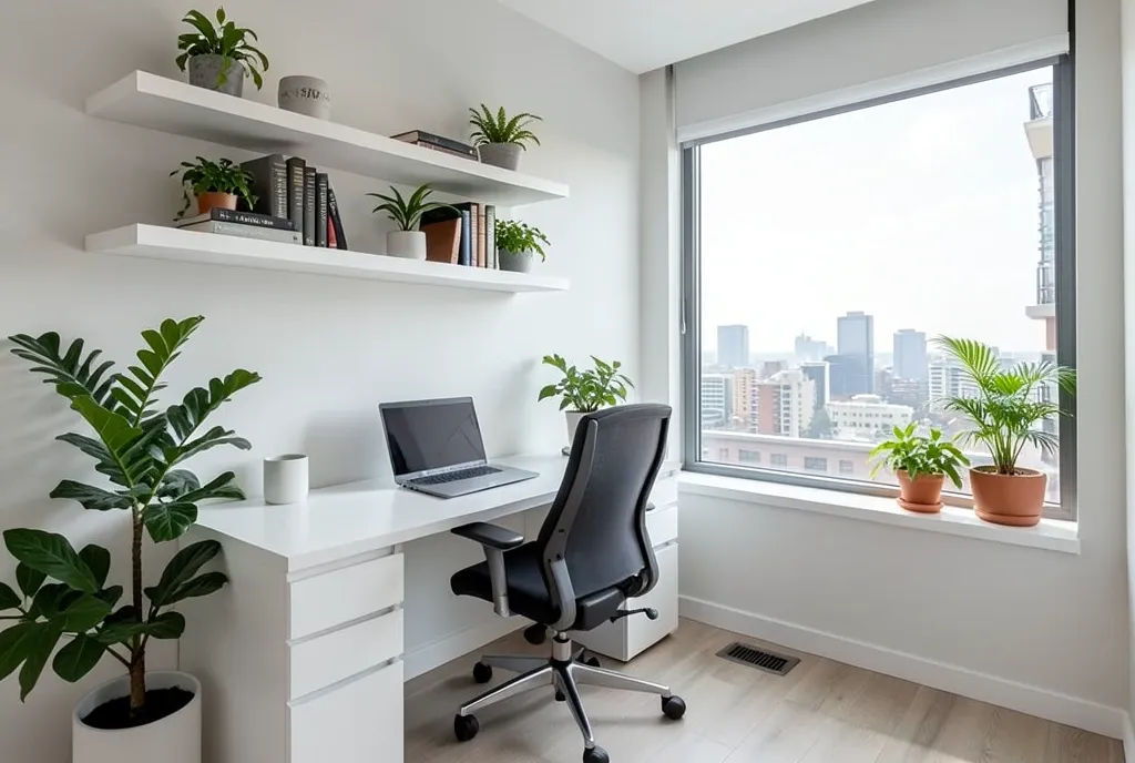 Modern home office with white desk, laptop, floating shelves, plants, and large city-view window