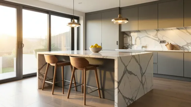 Modern kitchen island with marble countertop, wooden stools, pendant lights, and morning light through windows