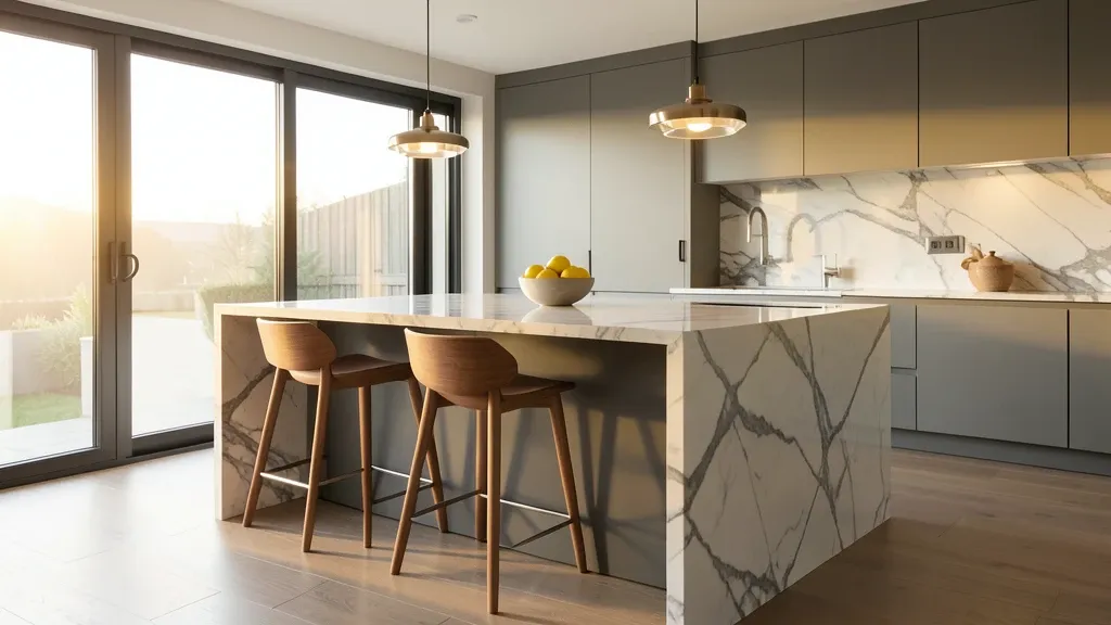 Modern kitchen island with marble countertop, wooden stools, pendant lights, and morning light through windows