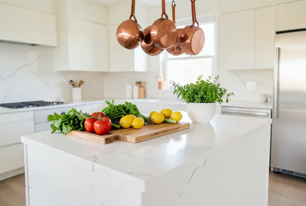 Modern white marble kitchen island with fresh produce, copper pots, and soft morning light