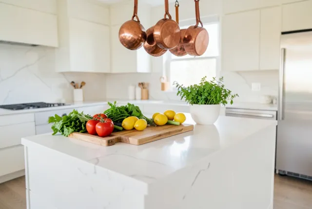 Modern white marble kitchen island with fresh produce, copper pots, and soft morning light