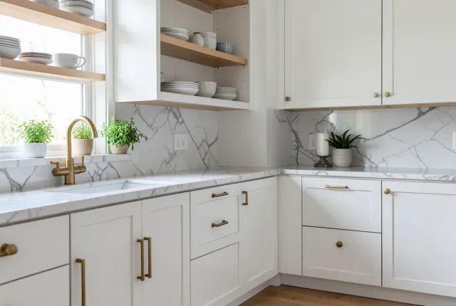 Modern kitchen with white shaker cabinets, brass handles and faucet, marble counter, open shelving, and herbs