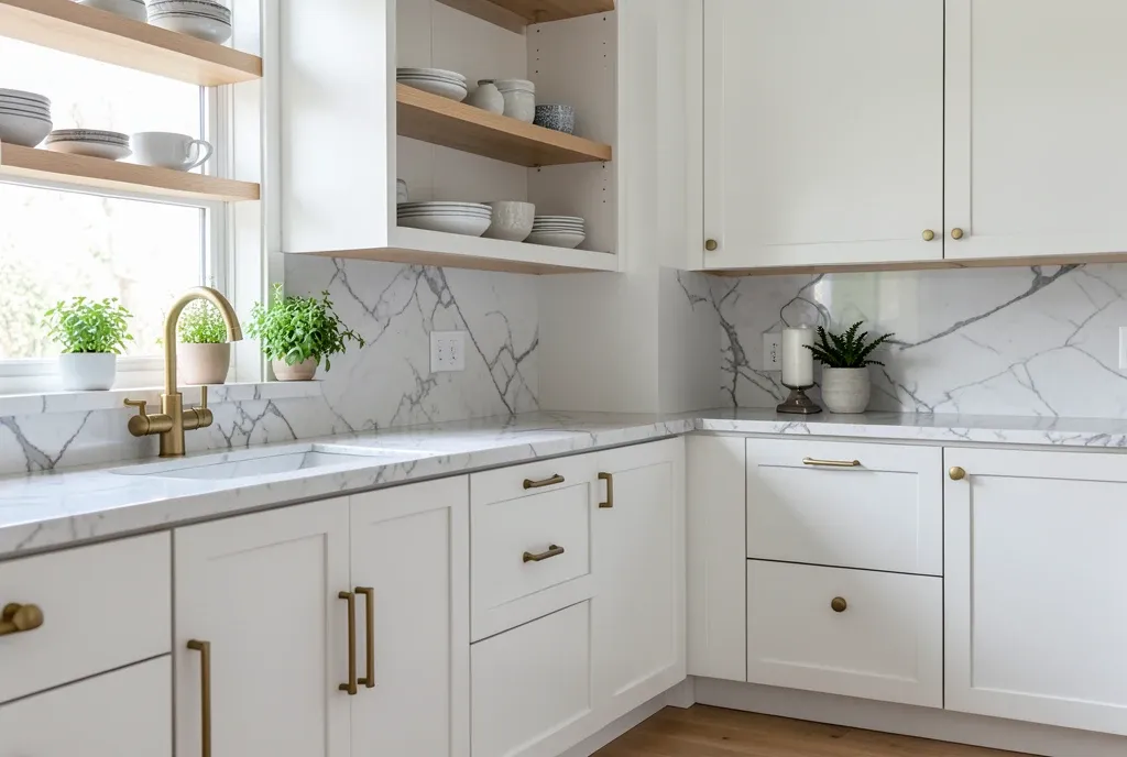 Modern kitchen with white shaker cabinets, brass handles and faucet, marble counter, open shelving, and herbs