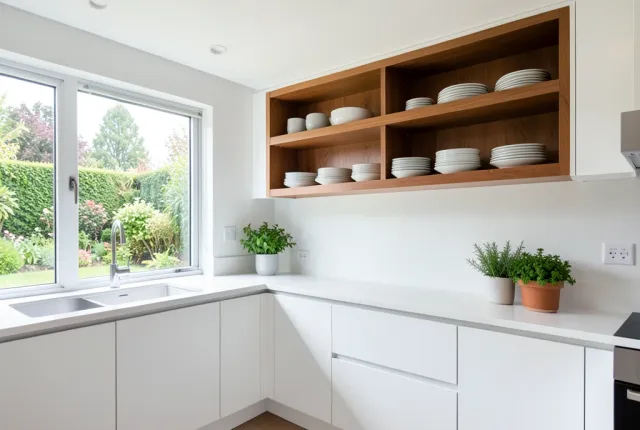 Bright modern kitchen with white cabinets, warm wood open shelves, ceramic dishes, herbs, and garden-view window