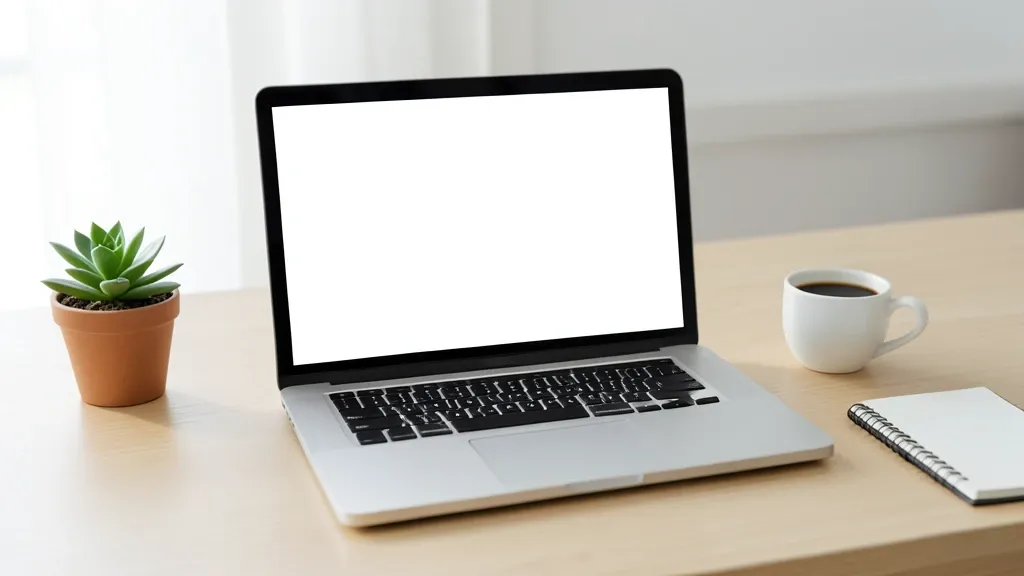Modern laptop with blank white screen on a light wood desk with a plant, coffee, and notebook