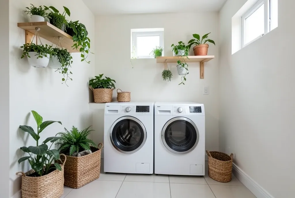 Modern laundry room with white washer and dryer, woven baskets, hanging plants, and natural light