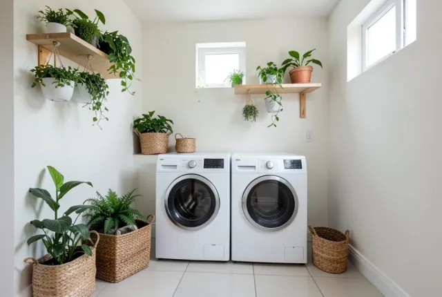 Modern laundry room with white washer and dryer, woven baskets, hanging plants, and natural light