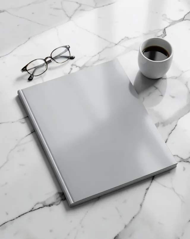 Glossy magazine with blank cover and spine on marble beside glasses and coffee cup