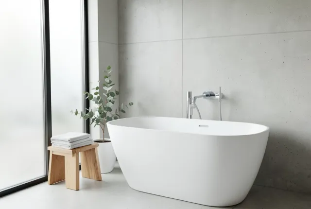 Modern minimalist bathroom with freestanding white tub, wooden stool, folded towels, and eucalyptus