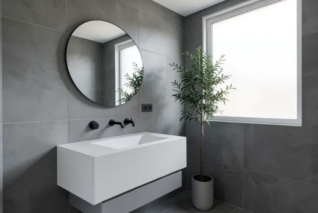 Modern minimalist bathroom with floating white vanity, round mirror, black fixtures, and grey tiles